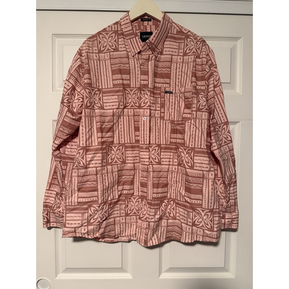 Tanoa Men's Pink Long Sleeve Shirt Hawaiian Tropical Resort Samoan Polynesian